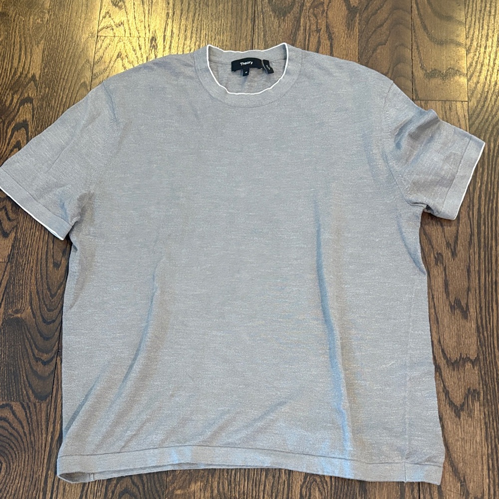 Theory Light Gray White Trim Men's Short Sleeve  Linen Blend Knit Tee Shirt SZ M